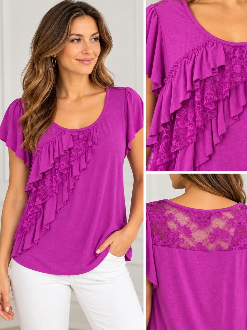 💜 Magenta Purple Lace Ruffle Asymmetrical Top AB Studio - L | NWT